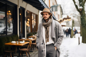 stylish attractive young smiling man walking on the street in winter with coffee with plaid jacket, white knitted hat and scarf, cheerful mood, fashion trend