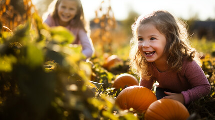 Wall Mural - Children laughing while picking pumpkins, pumpkin patch, bokeh