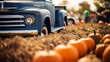 A pumpkin patch with a vintage pickup truck, pumpkin patch, bokeh