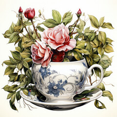 Wall Mural - Watercolor teacup with flowers Illustration, Generative Ai