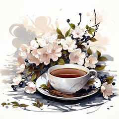 Wall Mural - Watercolor teacup with flowers Illustration, Generative Ai