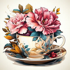 Wall Mural - Watercolor teacup with flowers Illustration, Generative Ai