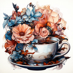 Wall Mural - Watercolor teacup with flowers Illustration, Generative Ai