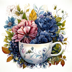 Wall Mural - Watercolor teacup with flowers Illustration, Generative Ai