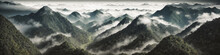 Landscape with green misty forest mountains. panorama of coniferous forest in mist of tree tops. Scenic aerial view. Fly over clouds or fog. Green forest. Green hill. generative ai