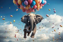 Elephant Flying High In Sky With Balloons And Confetti. Mixed Media, Elephant Flying With Balloons, AI Generated