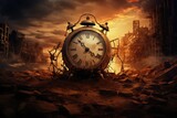 Fototapeta  - Time is running out of time. Abandoned city at sunset, end of time, AI Generated