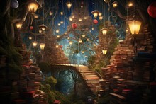 Fantasy Landscape With Magic Tree And Old Books. 3D Rendering, Enter A Whimsical Literary Wonderland, Where Floating Books Create Enchanting Pathways Of Words And Ideas, AI Generated