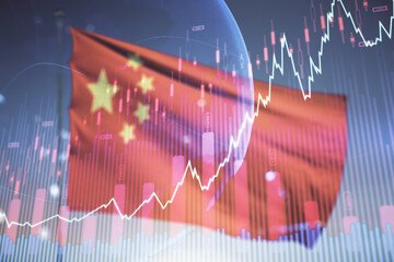 Multi exposure of virtual abstract financial chart hologram and world map on Chinese flag and blue sky background, research and analytics concept