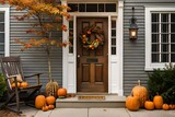 Fototapeta Natura - all autumn wreath on brown front door and autumn decor on front door steps