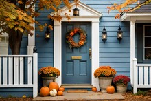 All Autumn Wreath On Brown Front Door And Autumn Decor On Front Door Steps