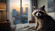 A raccoon exploring an elegant city home, illustrating the bond between humans and wildlife.
