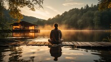 A Person Meditating Sitting On A Pier Or Rock On A Lake.