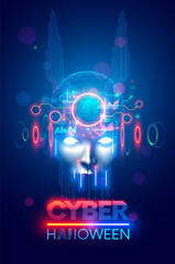 Fototapete - Evil in image scary AI robot face with horns. Spooky artificial intelligence cyborg head. Cyber halloween party banner. Bad robot with neon lights eyes. creepy electronic devil technology monster.