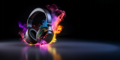 Stereo headphones exploding in festive colorful splash, flame and smoke with vibrant light effects on loud music sound, pulse, beats and flow, ready for party