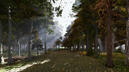 Wall Mural - Sunlight breaking through the trees in a forest in autumn time leaves lifted up in the air