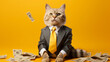 Cool looking rich cat wearing a suit and bright yellow tie, cash notes and yellow background