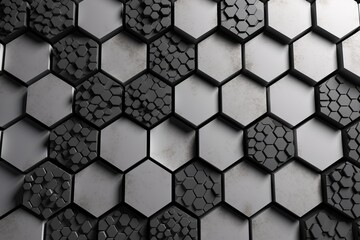 Wall Mural - A monochromatic hexagonal tile pattern in black and white