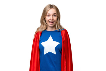 Wall Mural - Super Hero English woman over isolated background with surprise facial expression