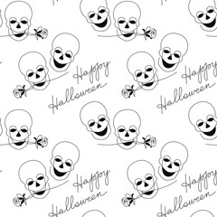 Wall Mural - Happy Halloween seamless pattern vector. Holiday greeting card. Calligraphic text, hand drawn scary face skull skeleton doodle. Graphic cartoon print, banner, holiday poster, wallpaper, background.