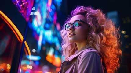 Wall Mural - Curly young girl in glasses with colorful neon light against the backdrop of the night metropolis