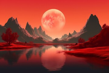 Wall Mural - red fantasy river landscape. cosmos moon. generate ai