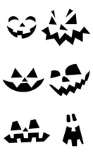 Halloween Collection Of Carved Carved Faces Silhouettes. Black And White Images. A Template With Different Eyes, Mouths And Noses For Carving A Pumpkin Lantern. Vector Illustration