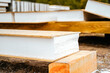 © velirina - Building construction of wooden frame house made of SIP structural insulated panels. OSB oriented strand board, EPS expanded polystyrene. Energy-efficient eco-friendly green Canadian technology