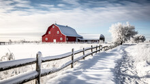 In A Snowy Field, A Red Barn Stands Tall With Horses Grazing Peacefully In Front Of It.