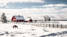 In A Snowy Field, A Red Barn And Horses Stand As The Only Signs Of Life. The Lone Figure Of A Man Can Be Seen Admiring The Winter Scene.