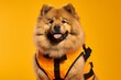Close-up portrait photography of a cute chow chow dog wearing a safety vest against a bright yellow background. With generative AI technology