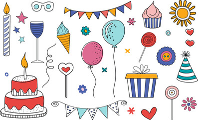 Wall Mural - birthday flags, balloons, cake in doodle style on a white background, vector