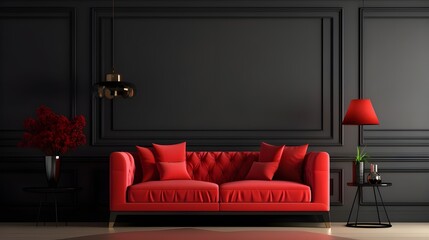 A red colored luxury sofa in a black walls living room with decor mock up.