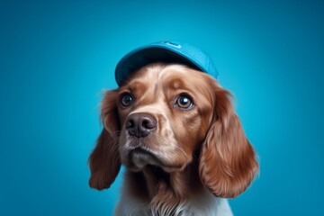 Wall Mural - Photography in the style of pensive portraiture of a cute cocker spaniel wearing a cool cap against a soft blue background. With generative AI technology