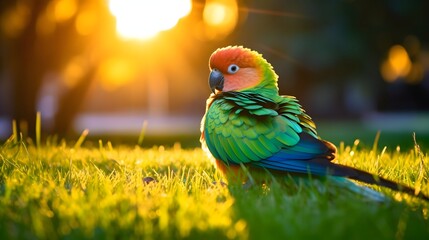 cute parrot lying on grass