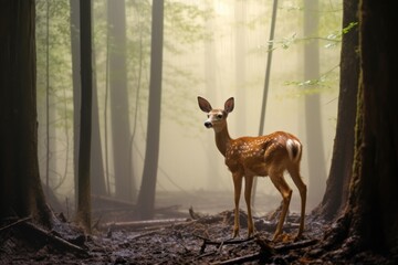 Poster - a fawn standing alone in a mist-filled forest clearing