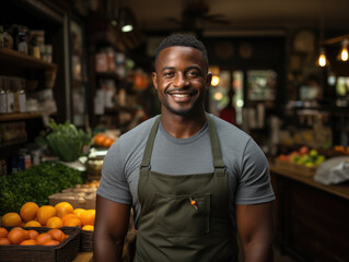 Happy African man in apron pose at own greengrocer shop, selling fresh fruits and vegetable, portrait of small business owner smile looking at camera. Entrepreneurship, salesman, store worker portrait