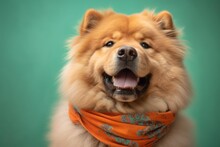 Lifestyle Portrait Photography Of A Smiling Chow Chow Dog Wearing A Warm Scarf Against A Pastel Green Background. With Generative AI Technology
