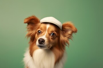 Wall Mural - Medium shot portrait photography of a cute papillon dog wearing a cool cap against a pastel green background. With generative AI technology