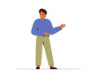 © Mary Long - Man explains and points aside with hands. Male character represents something with hand gesture. Businessman speaks about offer or promotions. Vector illustration