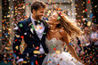 a happy couple in their wedding with confetti
