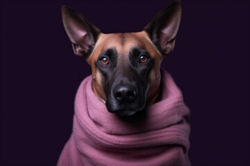 Wall Mural - Medium shot portrait photography of a cute belgian malinois dog wearing a thermal blanket against a deep purple background. With generative AI technology