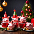 Christmas card in the form of pigs as elves with hats.