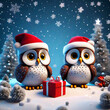 Owls hold a Christmas present in the falling snow.