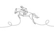 Single solid drawing of a rider with a bay horse in a show jumping show. Equestrian. One line drawing vector illustration