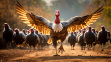 Running, Large Turkey With Its Wings Spread On The Country Road. Free Range Turkey, Poultry. Thanksgiving.