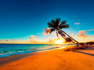 Canvas Print - Sunset in Hawaii with palm trees on the beach Ai create a picture