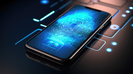 Smartphone digital identity and cybersecurity of personal banking or investment safety online concept, wide banner of mobile phone using biometric digital finger print and Two - factor authentication