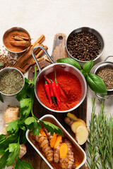 Canvas Print - Colourful various herbs and spices for cooking.