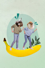 Wall Mural - Surreal bizarre template collage of freak people with animal faces mask dancing on exotic fruit yellow banana